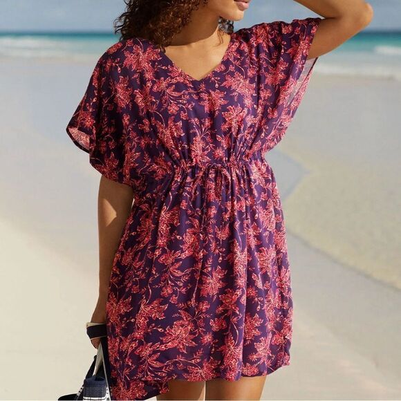 Land's End Women's Short Sleeve Gathered Waist Cover Up Dress Floral NWT XS/S - Picture 1 of 12